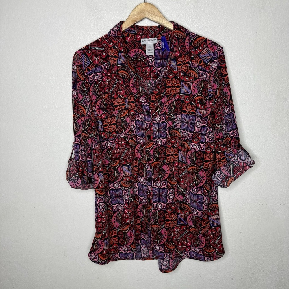 Catherines Red Purple Roll Tab Sleeve Button Front Top Colorful Women's 1XWP
